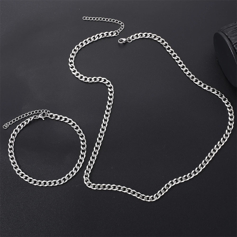2pcs Street Hip Hop Stainless Steel Cuban Chain Necklace Bracelet Set for Men Chunky Chain Set Male Punk Jewelry