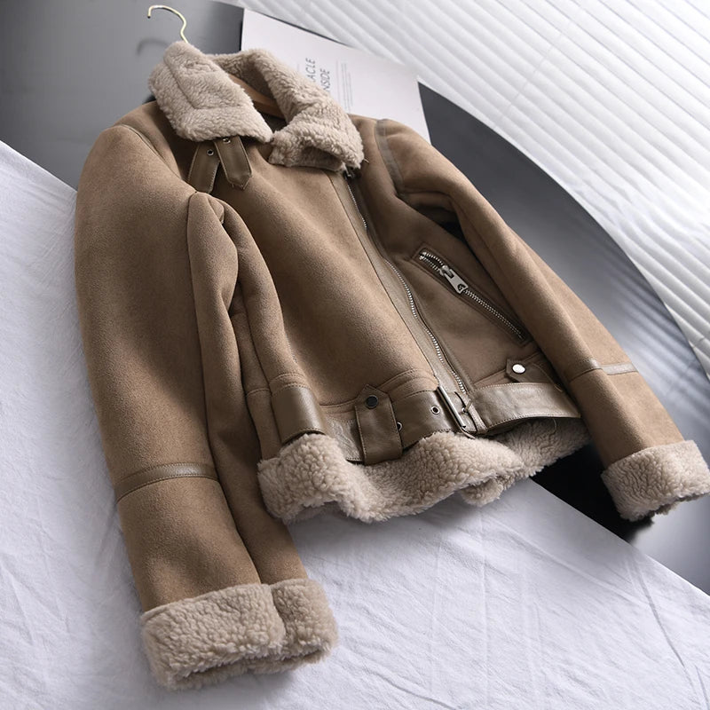 Ailegogo Winter Women Thick Warm Suede Lamb Jacket Short Motorcycle Brown Coats Faux Shearling Sheepskin Leather Jackets Outwear