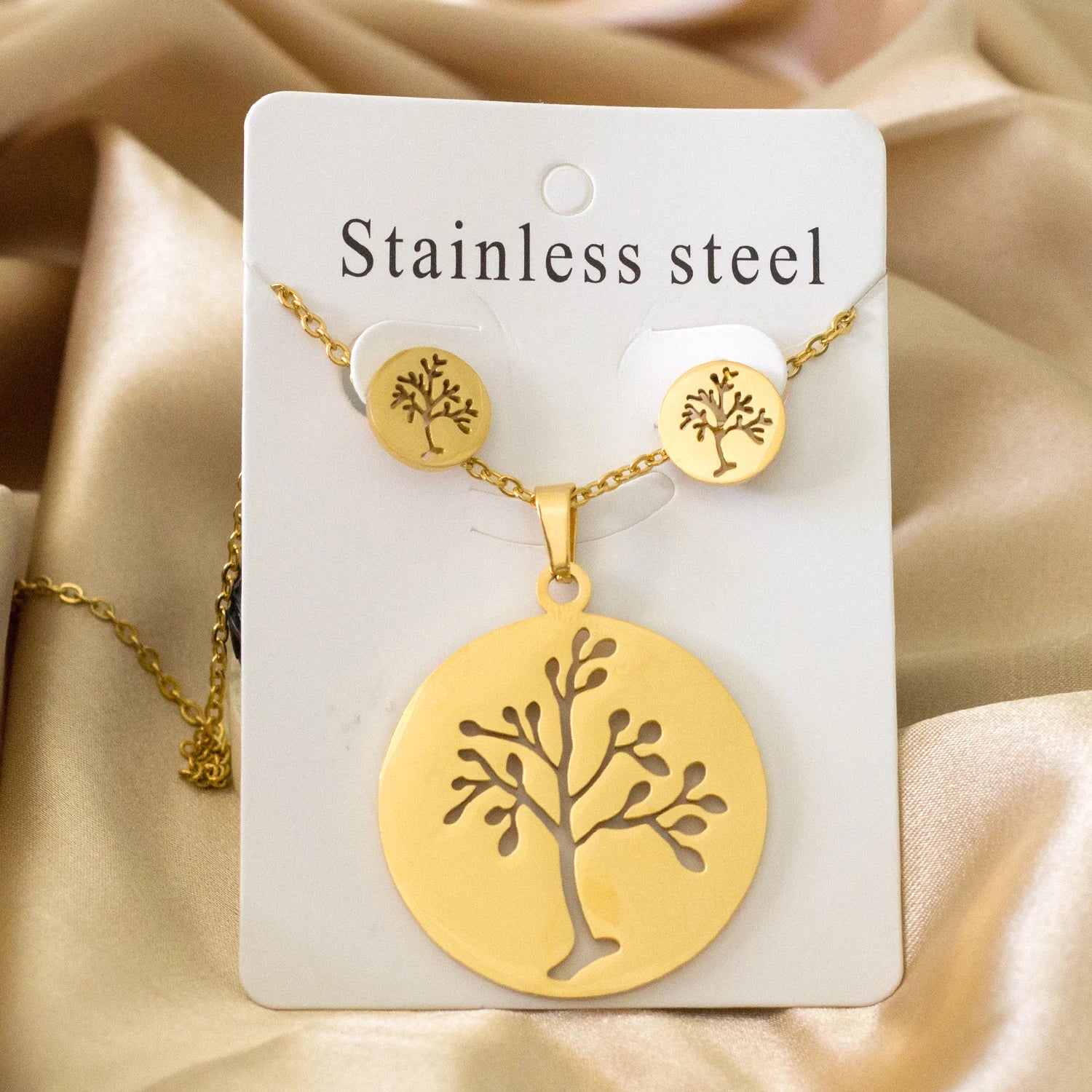 LUXUKISSKIDS Big Tree Of Life Charms Dubai Golden Jewelry Sets For Woman/Men Hippie Round Pendant Set of Necklace Earrings Punk