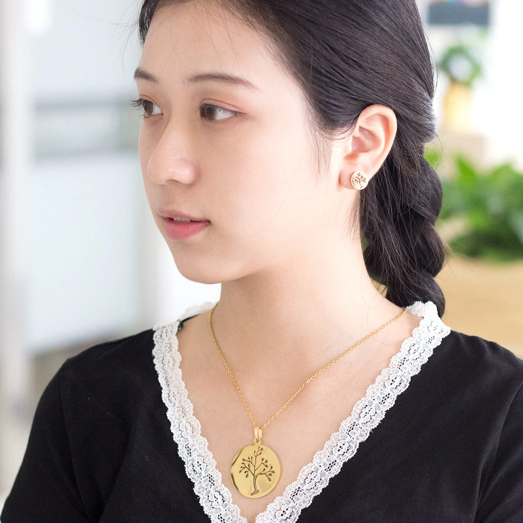 LUXUKISSKIDS Big Tree Of Life Charms Dubai Golden Jewelry Sets For Woman/Men Hippie Round Pendant Set of Necklace Earrings Punk