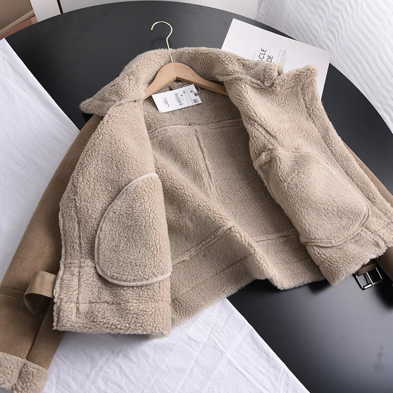 Ailegogo Winter Women Thick Warm Suede Lamb Jacket Short Motorcycle Brown Coats Faux Shearling Sheepskin Leather Jackets Outwear