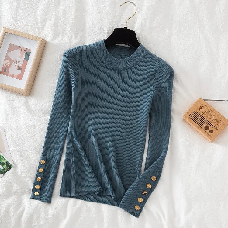 2025 women thick sweater pullovers khaki casual autumn winter button o-neck chic sweater female slim knit top soft jumper tops