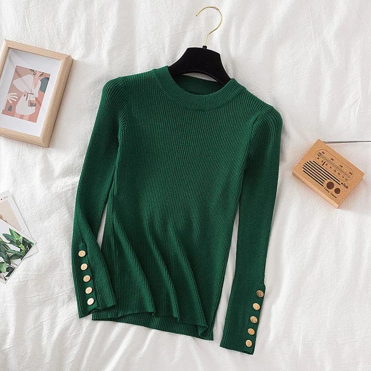 2025 women thick sweater pullovers khaki casual autumn winter button o-neck chic sweater female slim knit top soft jumper tops