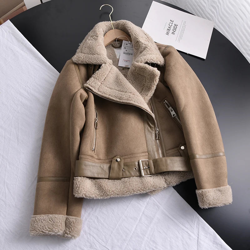 Ailegogo Winter Women Thick Warm Suede Lamb Jacket Short Motorcycle Brown Coats Faux Shearling Sheepskin Leather Jackets Outwear