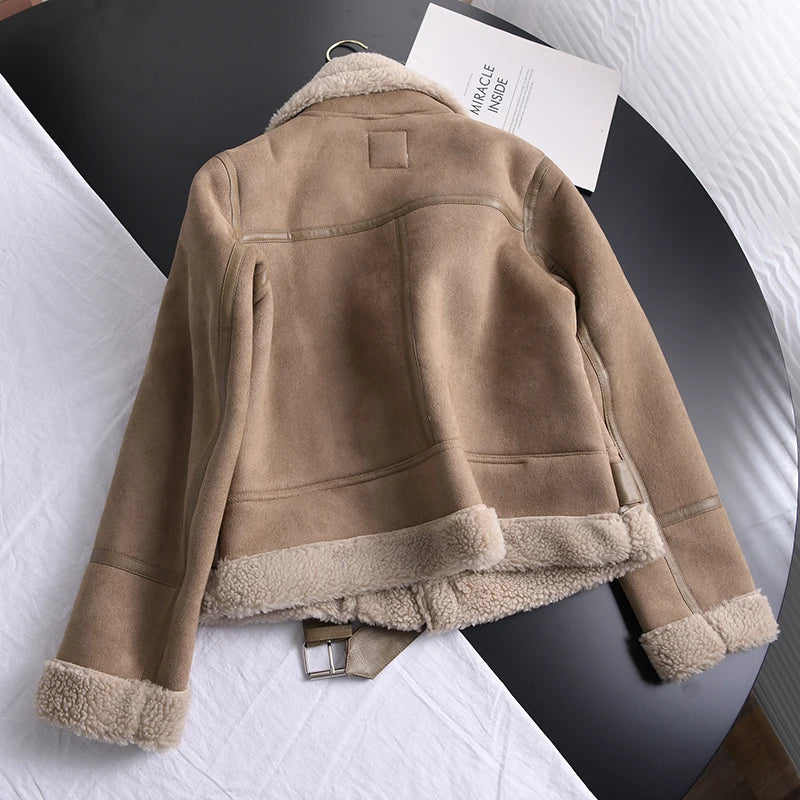 Ailegogo Winter Women Thick Warm Suede Lamb Jacket Short Motorcycle Brown Coats Faux Shearling Sheepskin Leather Jackets Outwear