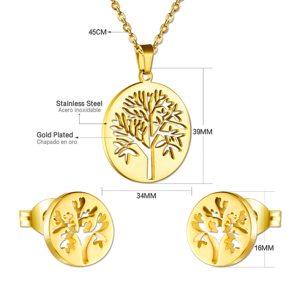 LUXUKISSKIDS Big Tree Of Life Charms Dubai Golden Jewelry Sets For Woman/Men Hippie Round Pendant Set of Necklace Earrings Punk