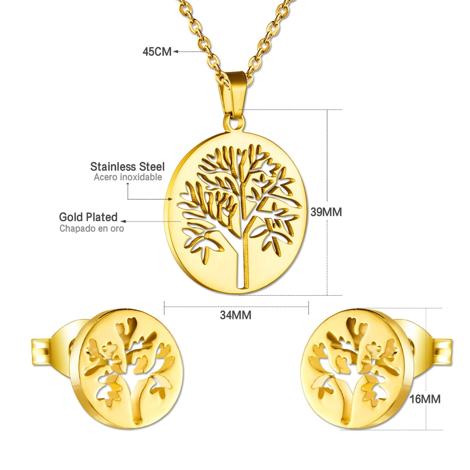 LUXUKISSKIDS Big Tree Of Life Charms Dubai Golden Jewelry Sets For Woman/Men Hippie Round Pendant Set of Necklace Earrings Punk