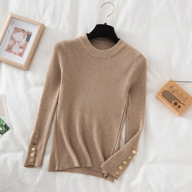 2025 women thick sweater pullovers khaki casual autumn winter button o-neck chic sweater female slim knit top soft jumper tops