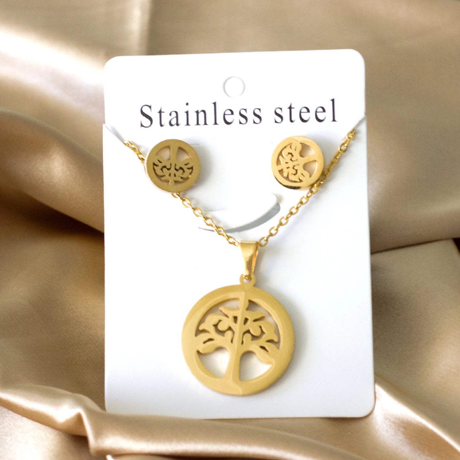 LUXUKISSKIDS Big Tree Of Life Charms Dubai Golden Jewelry Sets For Woman/Men Hippie Round Pendant Set of Necklace Earrings Punk