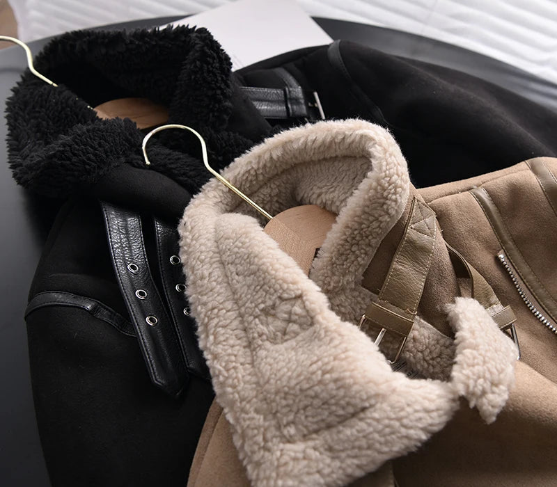 Ailegogo Winter Women Thick Warm Suede Lamb Jacket Short Motorcycle Brown Coats Faux Shearling Sheepskin Leather Jackets Outwear
