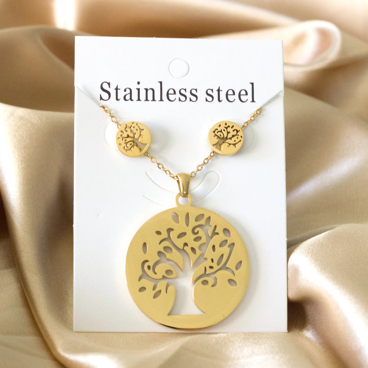 LUXUKISSKIDS Big Tree Of Life Charms Dubai Golden Jewelry Sets For Woman/Men Hippie Round Pendant Set of Necklace Earrings Punk