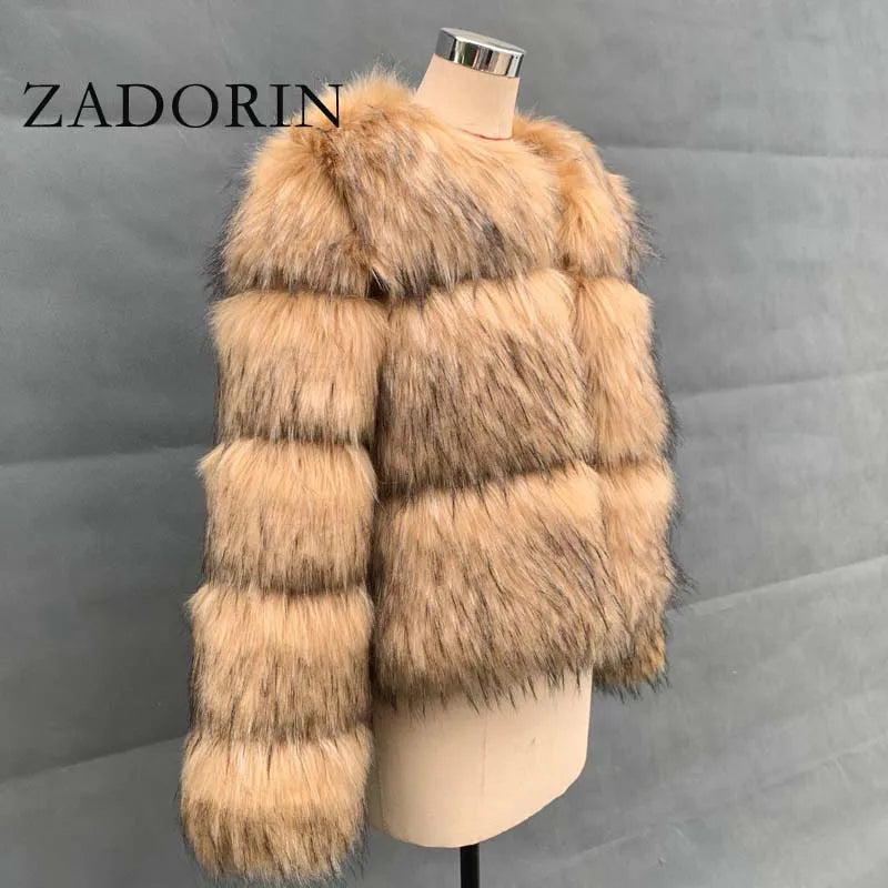 ZADORIN Woman Fashion Faux Raccoon Fur Coat Luxury Short Warm Fur Top Furry Jacket Women Winter Plush Fluffy Fur Coats for Woman