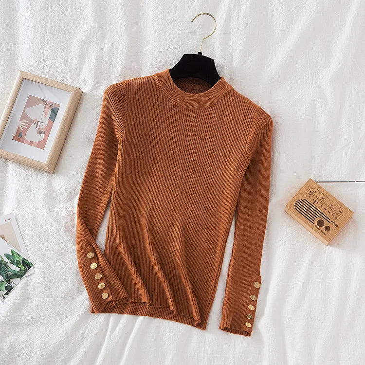 2025 women thick sweater pullovers khaki casual autumn winter button o-neck chic sweater female slim knit top soft jumper tops