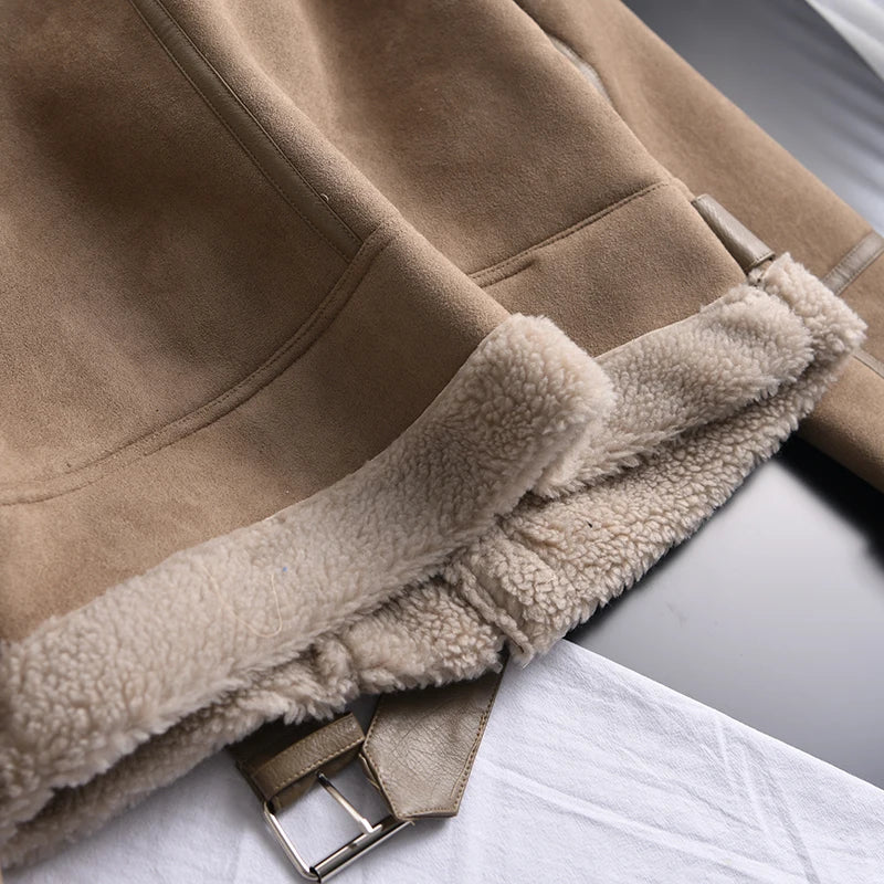 Ailegogo Winter Women Thick Warm Suede Lamb Jacket Short Motorcycle Brown Coats Faux Shearling Sheepskin Leather Jackets Outwear