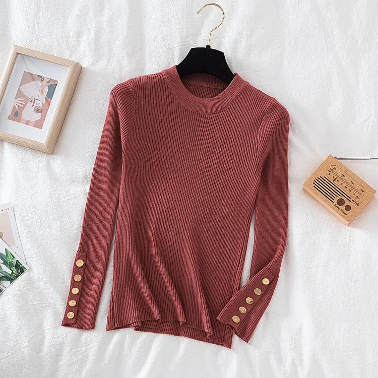 2025 women thick sweater pullovers khaki casual autumn winter button o-neck chic sweater female slim knit top soft jumper tops