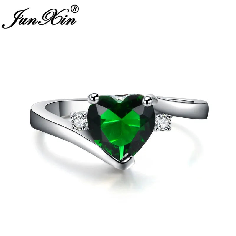 JUNXIN Blue Birthstone Heart Rings For Women White Gold Filled Purple Pink Black Zircon White Fire Opal Engagement Band Female