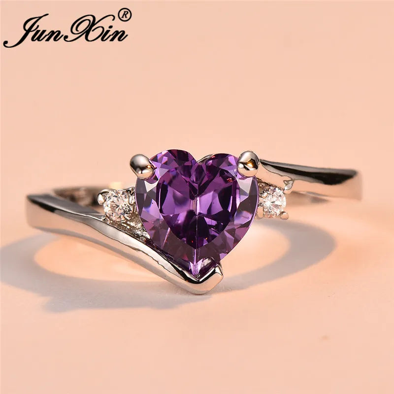 JUNXIN Blue Birthstone Heart Rings For Women White Gold Filled Purple Pink Black Zircon White Fire Opal Engagement Band Female