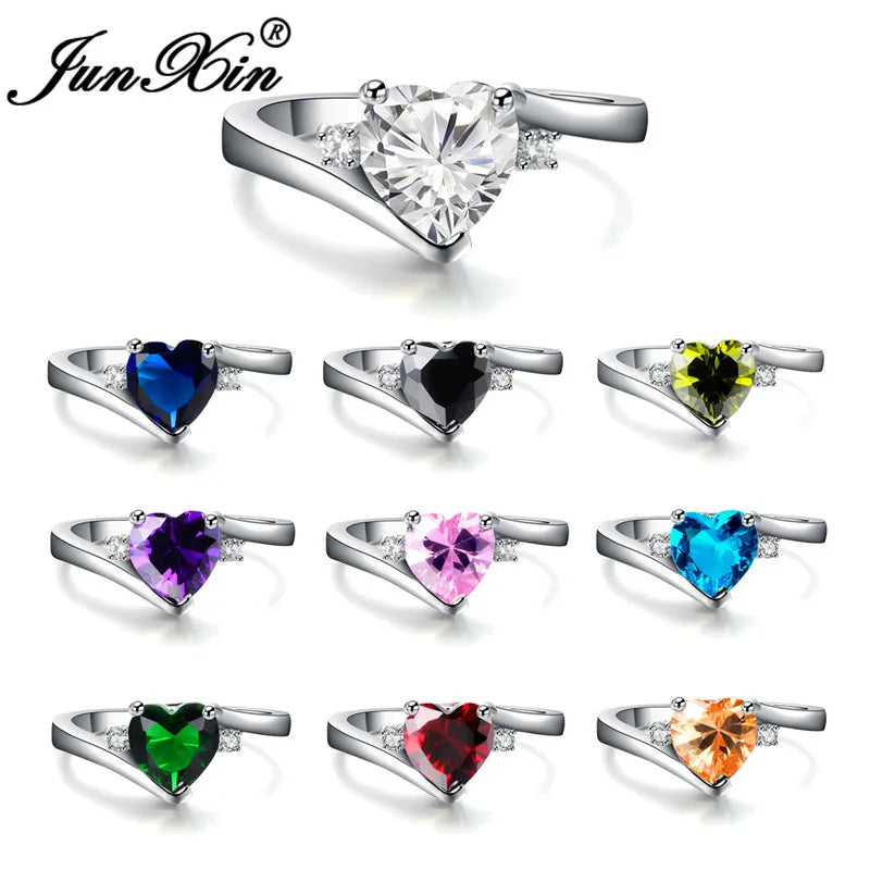 JUNXIN Blue Birthstone Heart Rings For Women White Gold Filled Purple Pink Black Zircon White Fire Opal Engagement Band Female