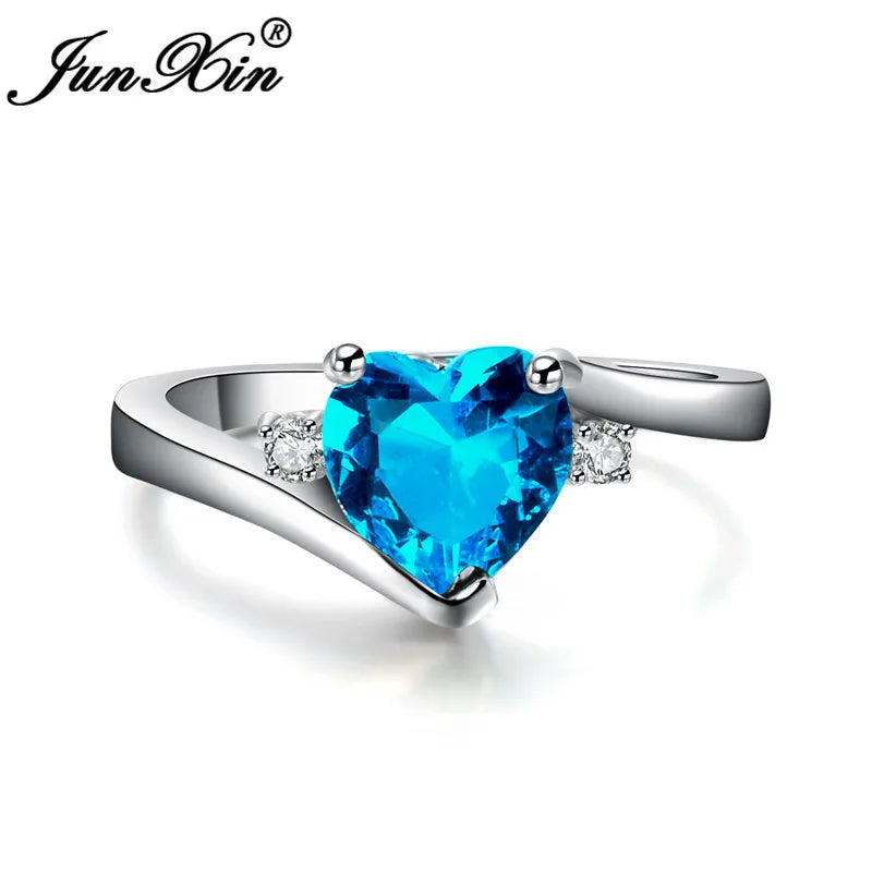 JUNXIN Blue Birthstone Heart Rings For Women White Gold Filled Purple Pink Black Zircon White Fire Opal Engagement Band Female