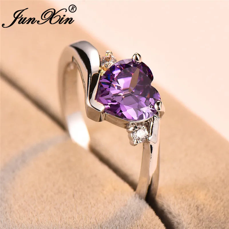 JUNXIN Blue Birthstone Heart Rings For Women White Gold Filled Purple Pink Black Zircon White Fire Opal Engagement Band Female