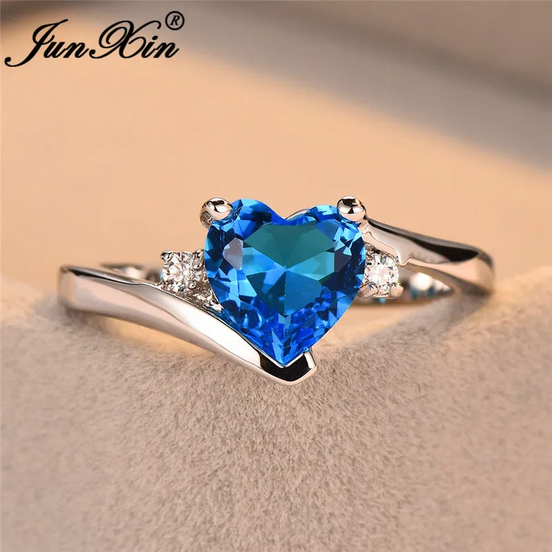 JUNXIN Blue Birthstone Heart Rings For Women White Gold Filled Purple Pink Black Zircon White Fire Opal Engagement Band Female