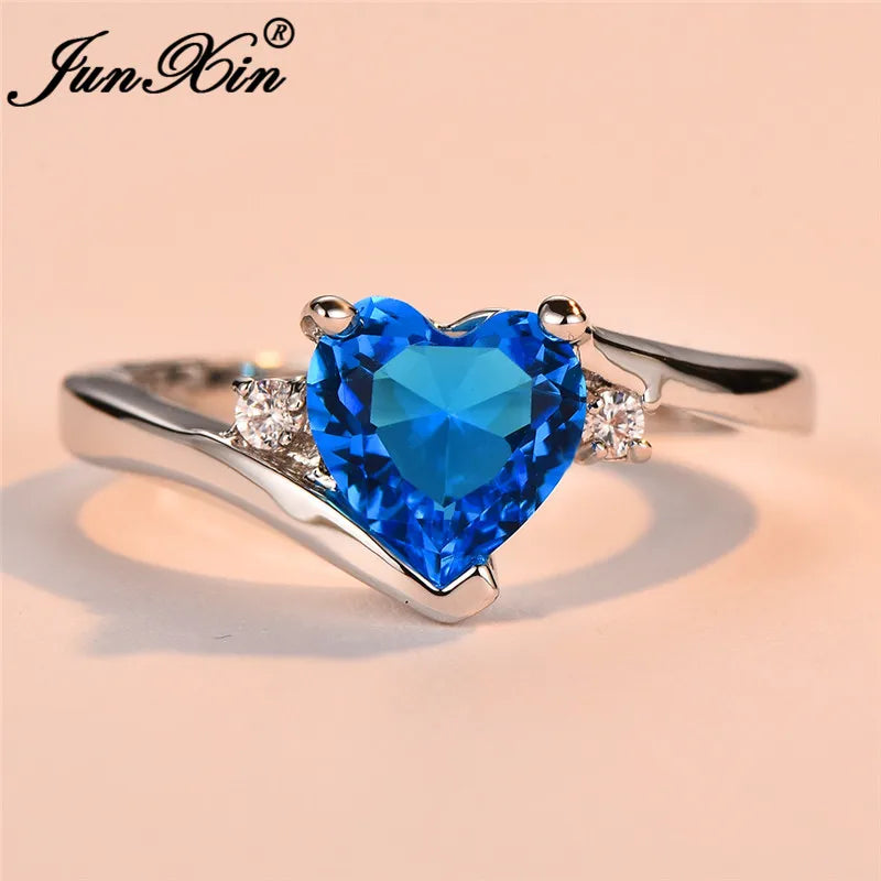 JUNXIN Blue Birthstone Heart Rings For Women White Gold Filled Purple Pink Black Zircon White Fire Opal Engagement Band Female
