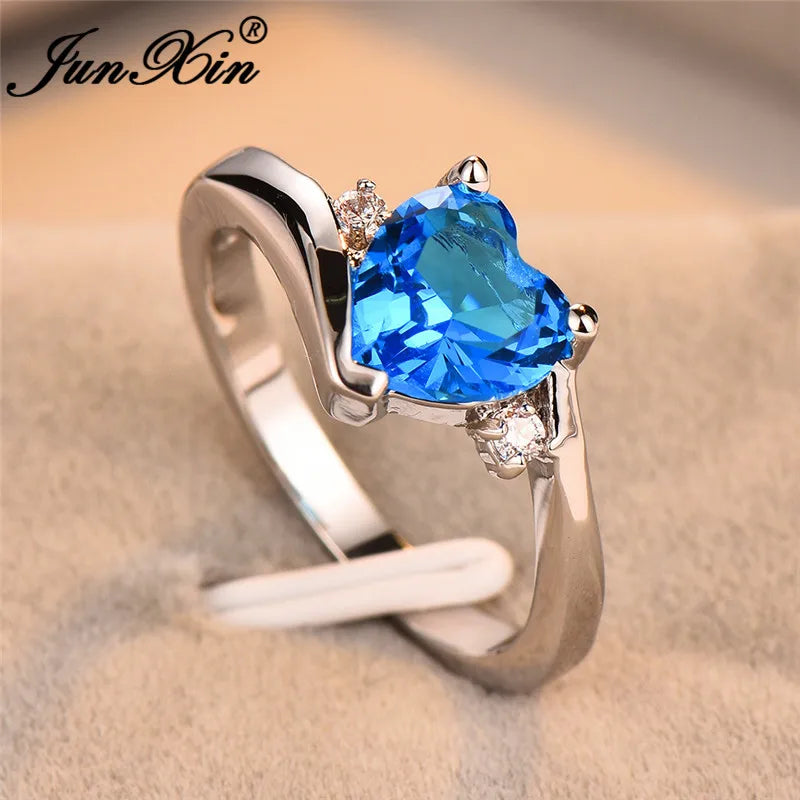 JUNXIN Blue Birthstone Heart Rings For Women White Gold Filled Purple Pink Black Zircon White Fire Opal Engagement Band Female