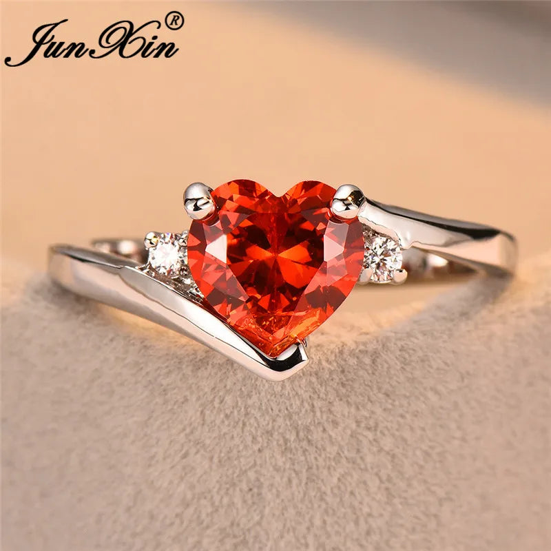 JUNXIN Blue Birthstone Heart Rings For Women White Gold Filled Purple Pink Black Zircon White Fire Opal Engagement Band Female