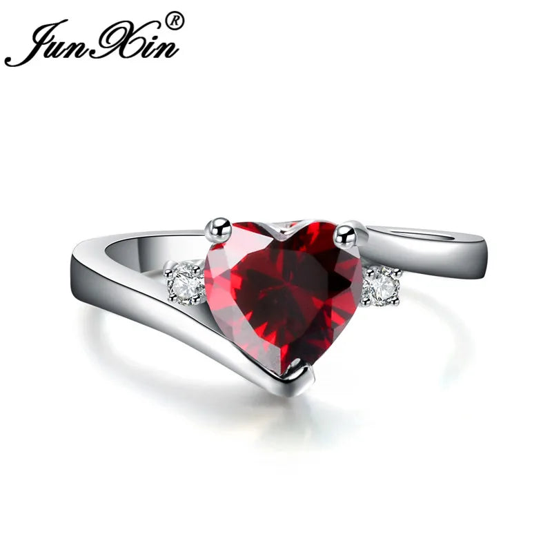 JUNXIN Blue Birthstone Heart Rings For Women White Gold Filled Purple Pink Black Zircon White Fire Opal Engagement Band Female