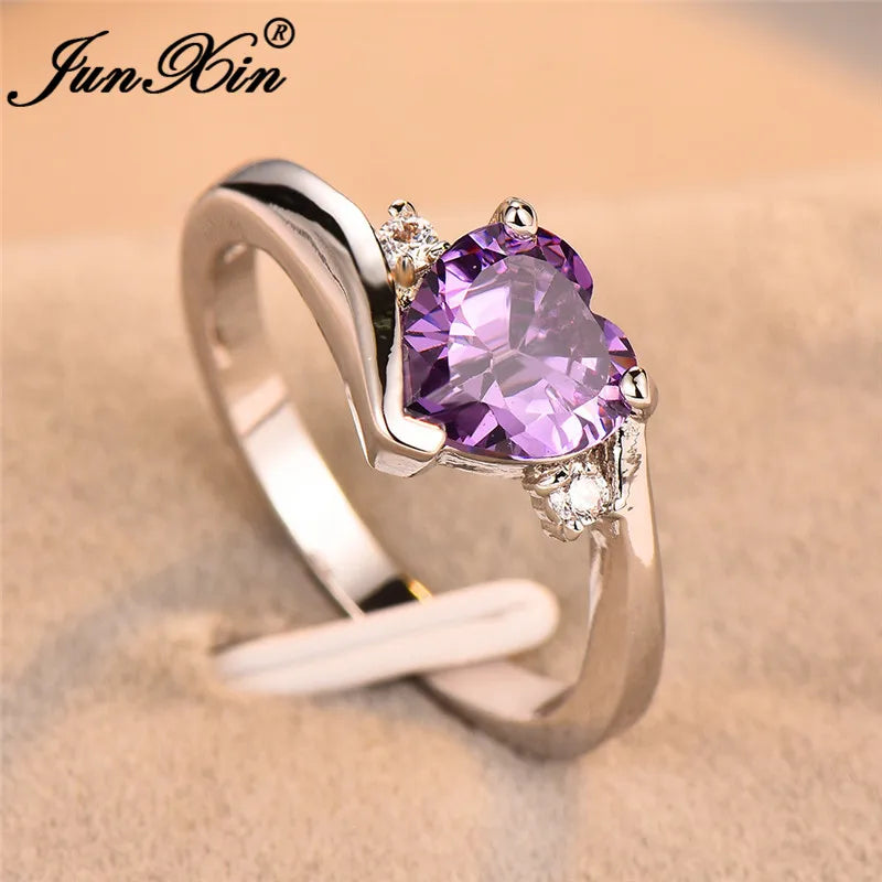 JUNXIN Blue Birthstone Heart Rings For Women White Gold Filled Purple Pink Black Zircon White Fire Opal Engagement Band Female