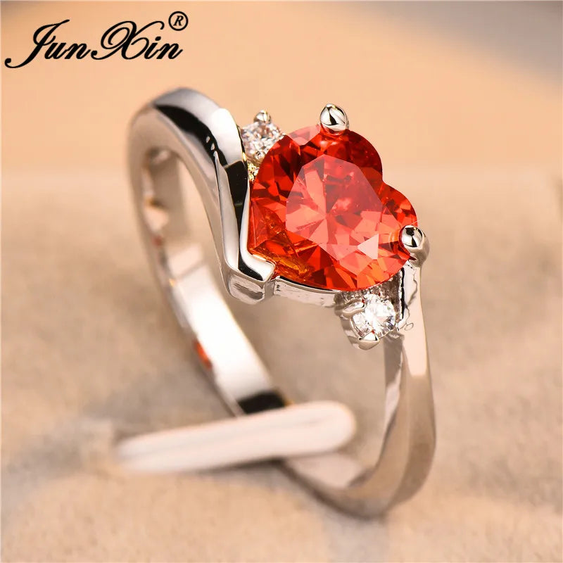 JUNXIN Blue Birthstone Heart Rings For Women White Gold Filled Purple Pink Black Zircon White Fire Opal Engagement Band Female