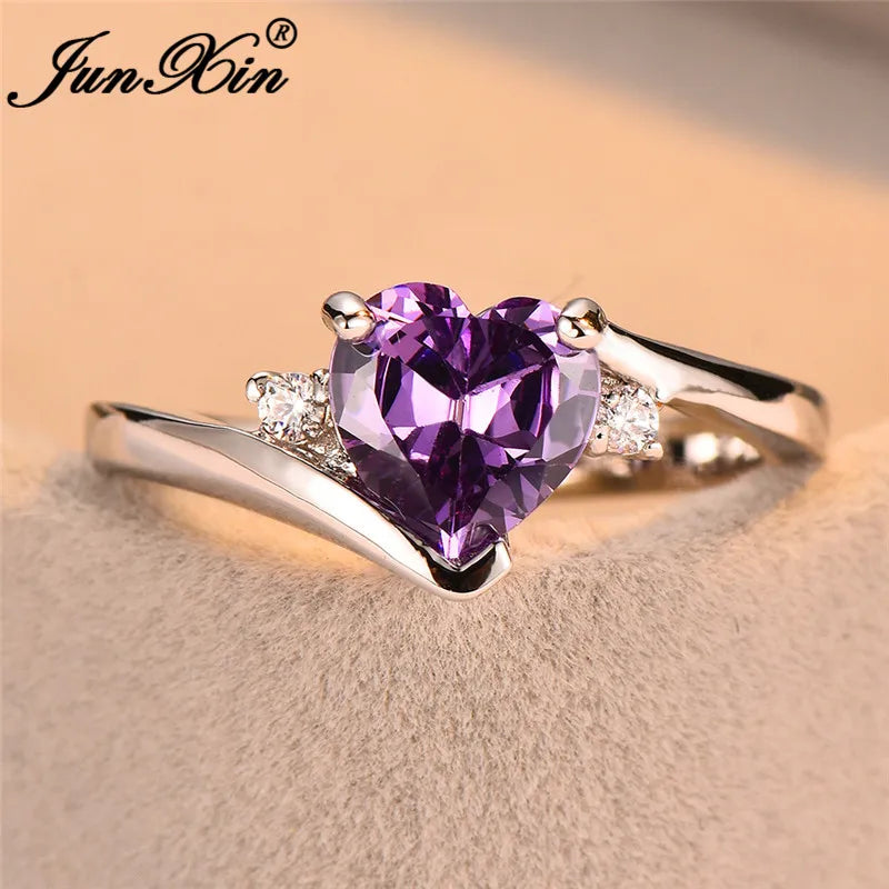JUNXIN Blue Birthstone Heart Rings For Women White Gold Filled Purple Pink Black Zircon White Fire Opal Engagement Band Female