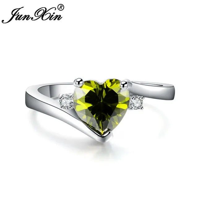 JUNXIN Blue Birthstone Heart Rings For Women White Gold Filled Purple Pink Black Zircon White Fire Opal Engagement Band Female