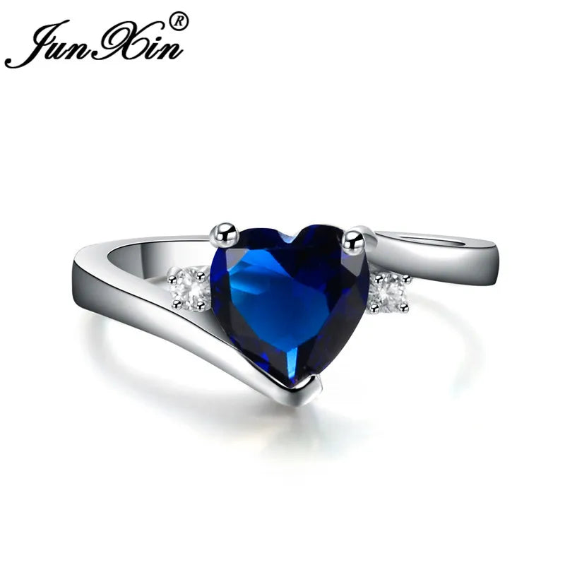 JUNXIN Blue Birthstone Heart Rings For Women White Gold Filled Purple Pink Black Zircon White Fire Opal Engagement Band Female