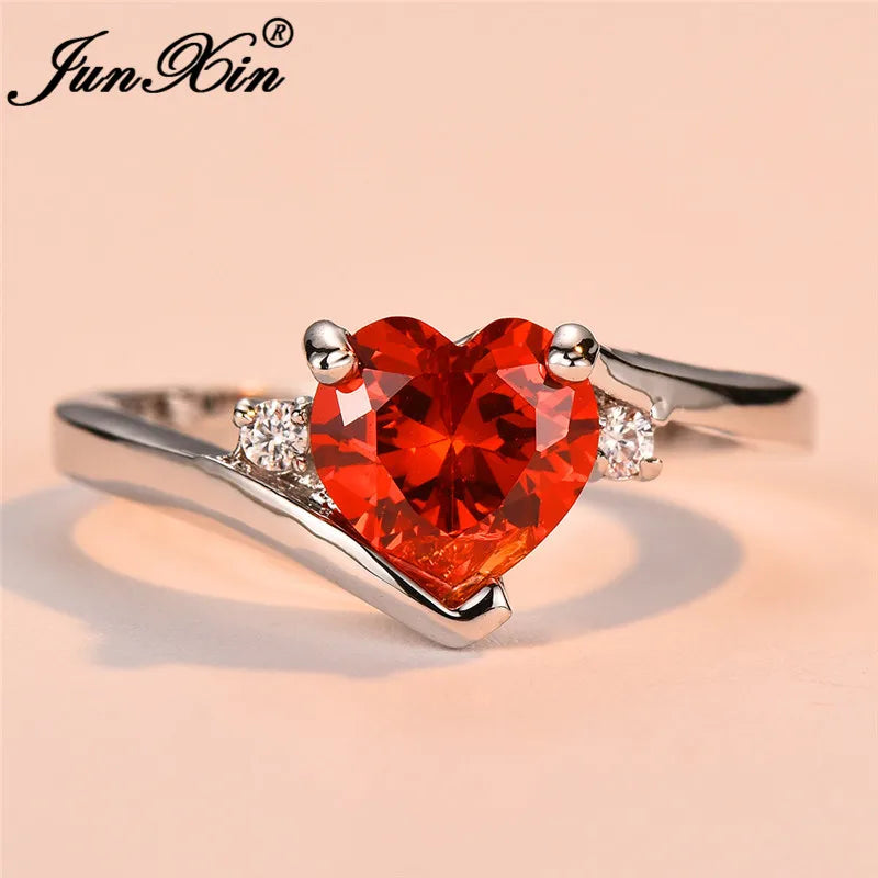 JUNXIN Blue Birthstone Heart Rings For Women White Gold Filled Purple Pink Black Zircon White Fire Opal Engagement Band Female