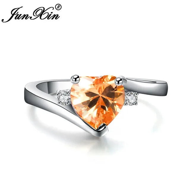 JUNXIN Blue Birthstone Heart Rings For Women White Gold Filled Purple Pink Black Zircon White Fire Opal Engagement Band Female