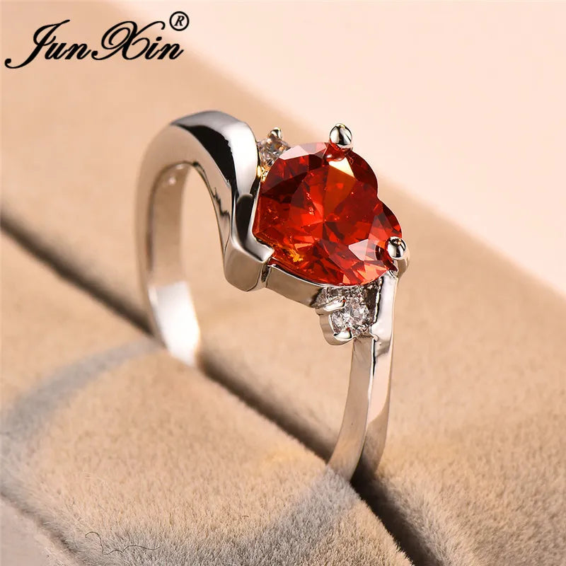 JUNXIN Blue Birthstone Heart Rings For Women White Gold Filled Purple Pink Black Zircon White Fire Opal Engagement Band Female