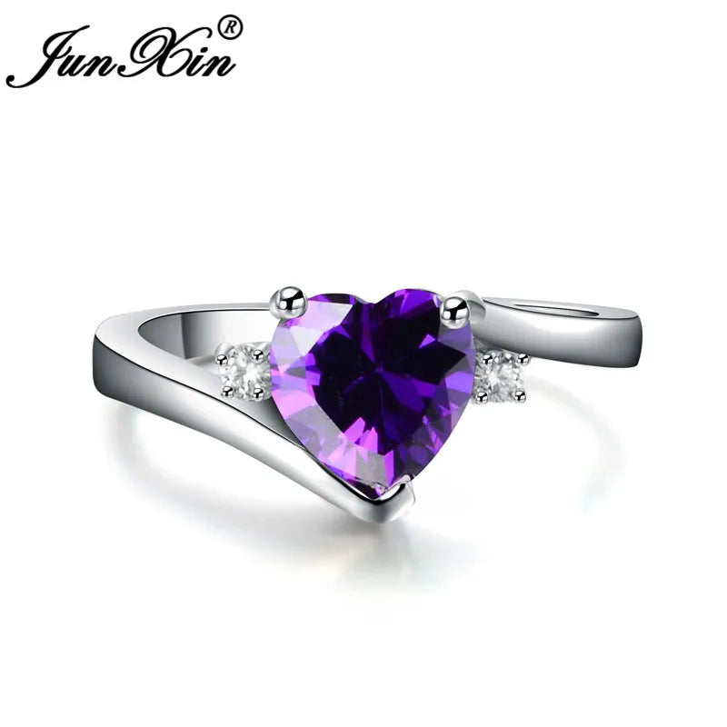 JUNXIN Blue Birthstone Heart Rings For Women White Gold Filled Purple Pink Black Zircon White Fire Opal Engagement Band Female