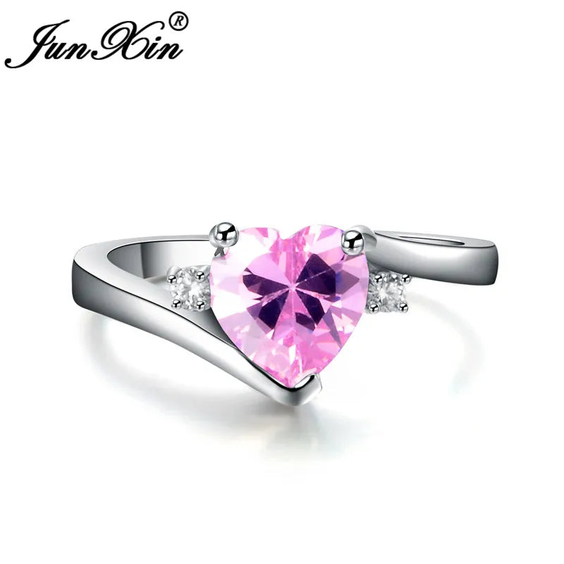 JUNXIN Blue Birthstone Heart Rings For Women White Gold Filled Purple Pink Black Zircon White Fire Opal Engagement Band Female