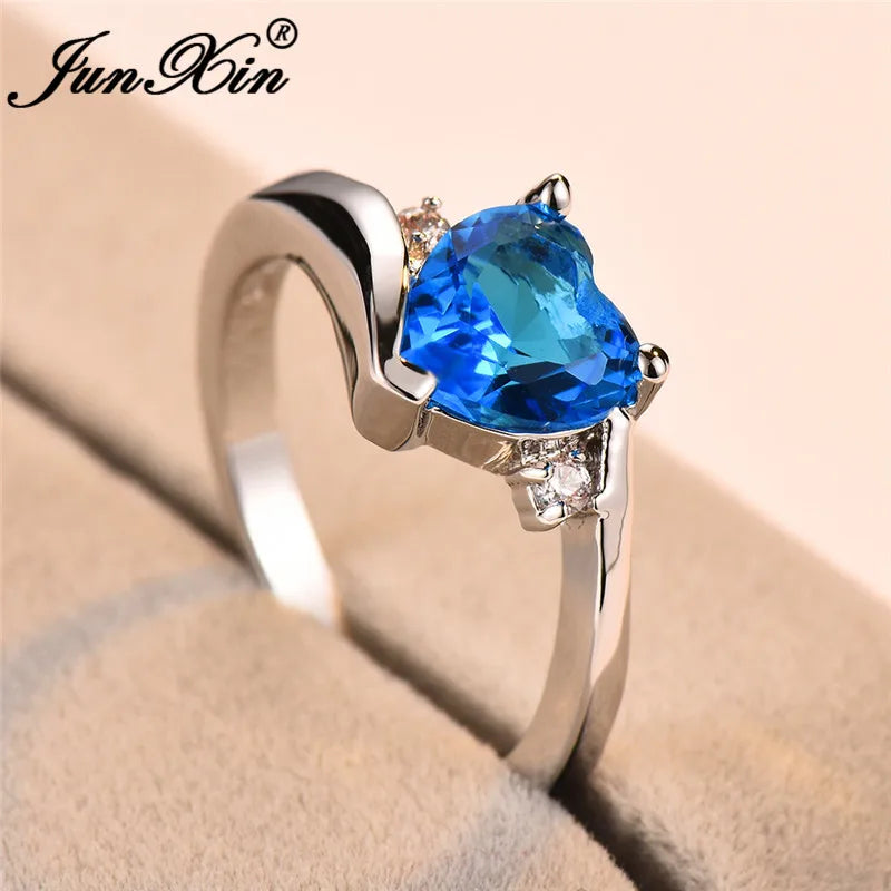 JUNXIN Blue Birthstone Heart Rings For Women White Gold Filled Purple Pink Black Zircon White Fire Opal Engagement Band Female