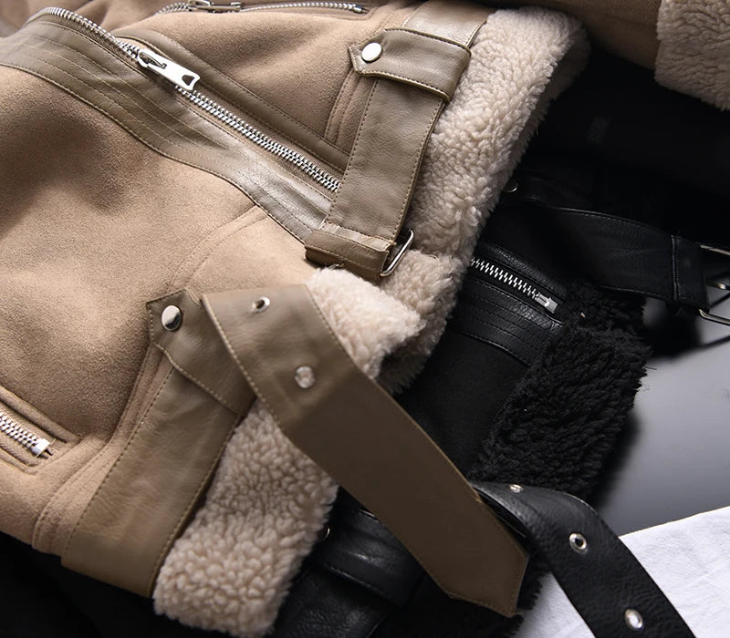 Ailegogo Winter Women Thick Warm Suede Lamb Jacket Short Motorcycle Brown Coats Faux Shearling Sheepskin Leather Jackets Outwear