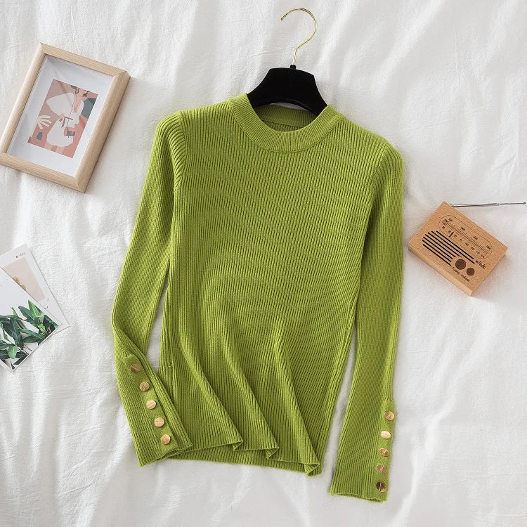2025 women thick sweater pullovers khaki casual autumn winter button o-neck chic sweater female slim knit top soft jumper tops