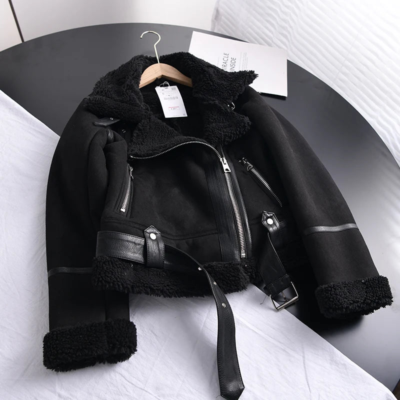 Ailegogo Winter Women Thick Warm Suede Lamb Jacket Short Motorcycle Brown Coats Faux Shearling Sheepskin Leather Jackets Outwear