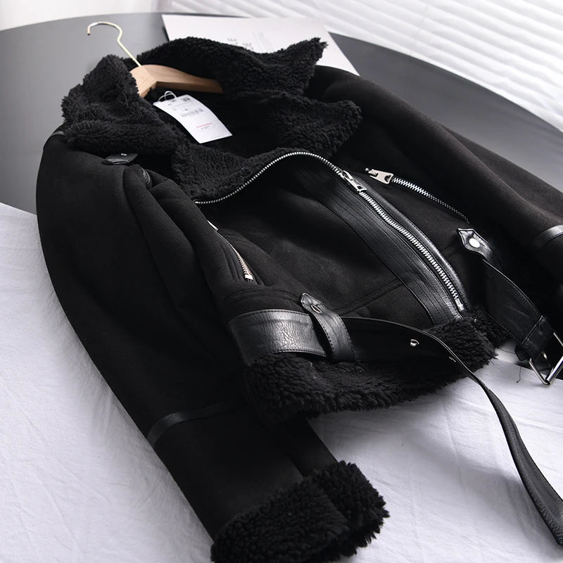 Ailegogo Winter Women Thick Warm Suede Lamb Jacket Short Motorcycle Brown Coats Faux Shearling Sheepskin Leather Jackets Outwear