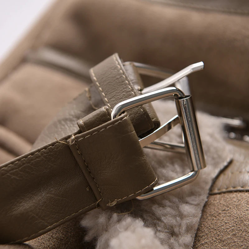 Ailegogo Winter Women Thick Warm Suede Lamb Jacket Short Motorcycle Brown Coats Faux Shearling Sheepskin Leather Jackets Outwear