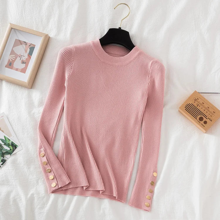 2025 women thick sweater pullovers khaki casual autumn winter button o-neck chic sweater female slim knit top soft jumper tops