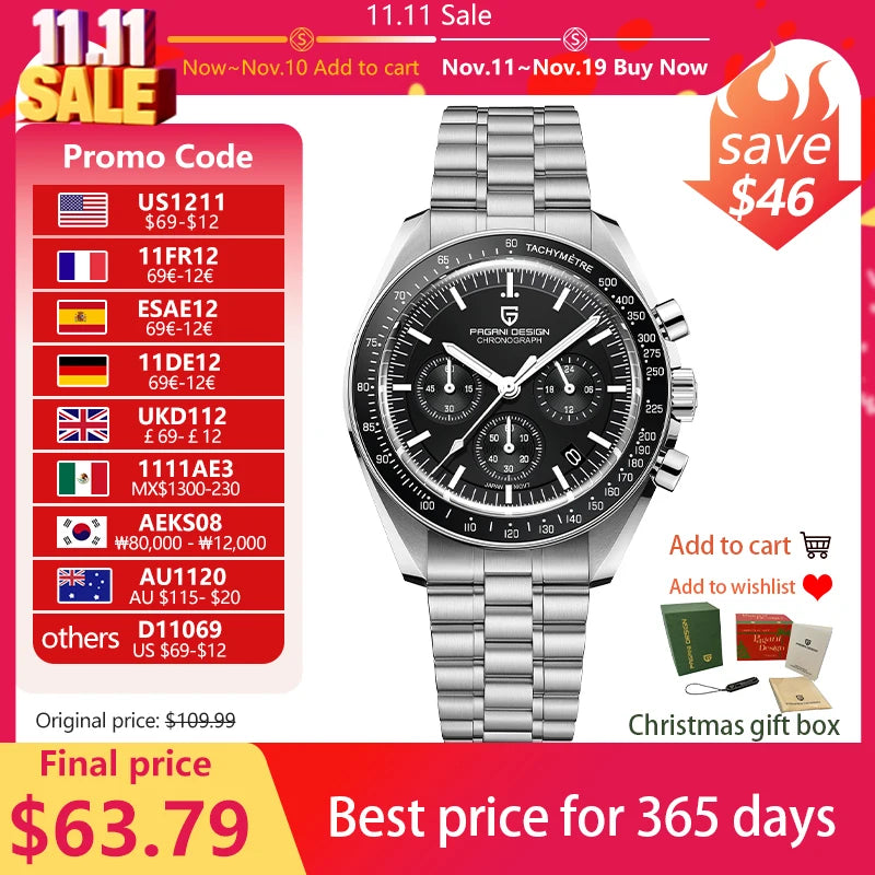 PAGANI DESIGN 2025 New Men's Watches Top Luxury Quartz Watch For Men Auto Date Speed Chronograph AR Sapphire Mirror Wrist watch