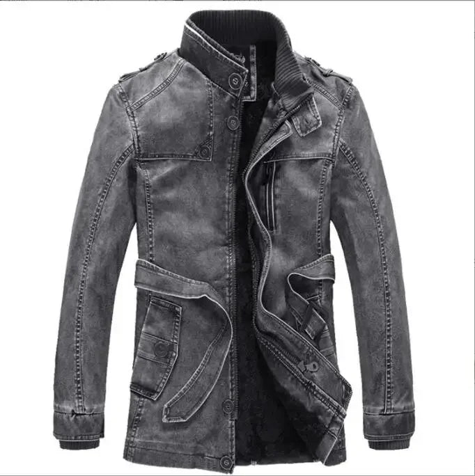 Men's Thick Fleece Winter Leather Jacket Coat Long Outwear Fashion Warm Casual Vintage Clothing for Men Steampunk Biker Jaqueta