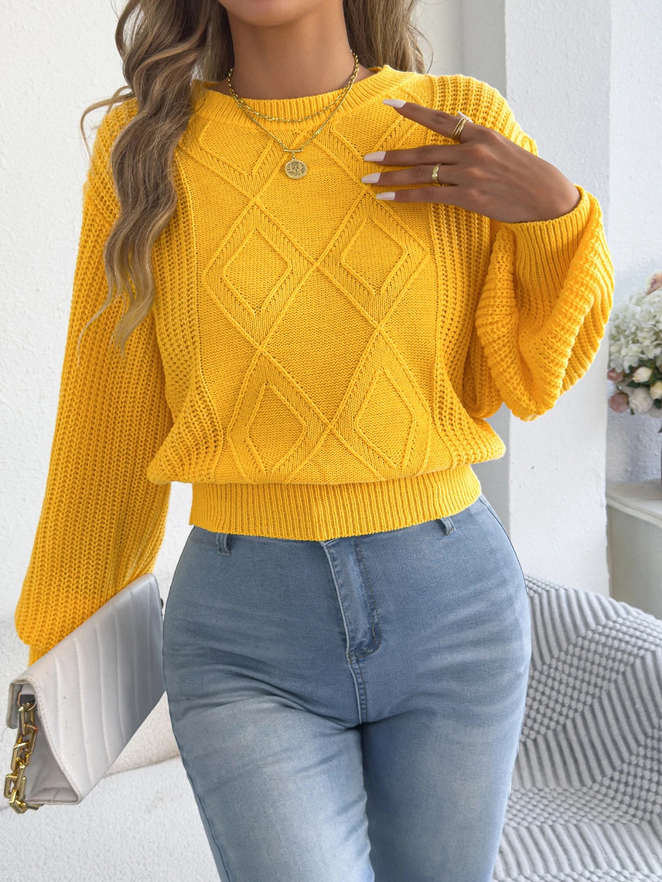 Women's Solid Color Round Neck Lantern Long Sleeve Knitted Sweaters for 2025 Autumn Winter Clothes Yellow Red Khaki