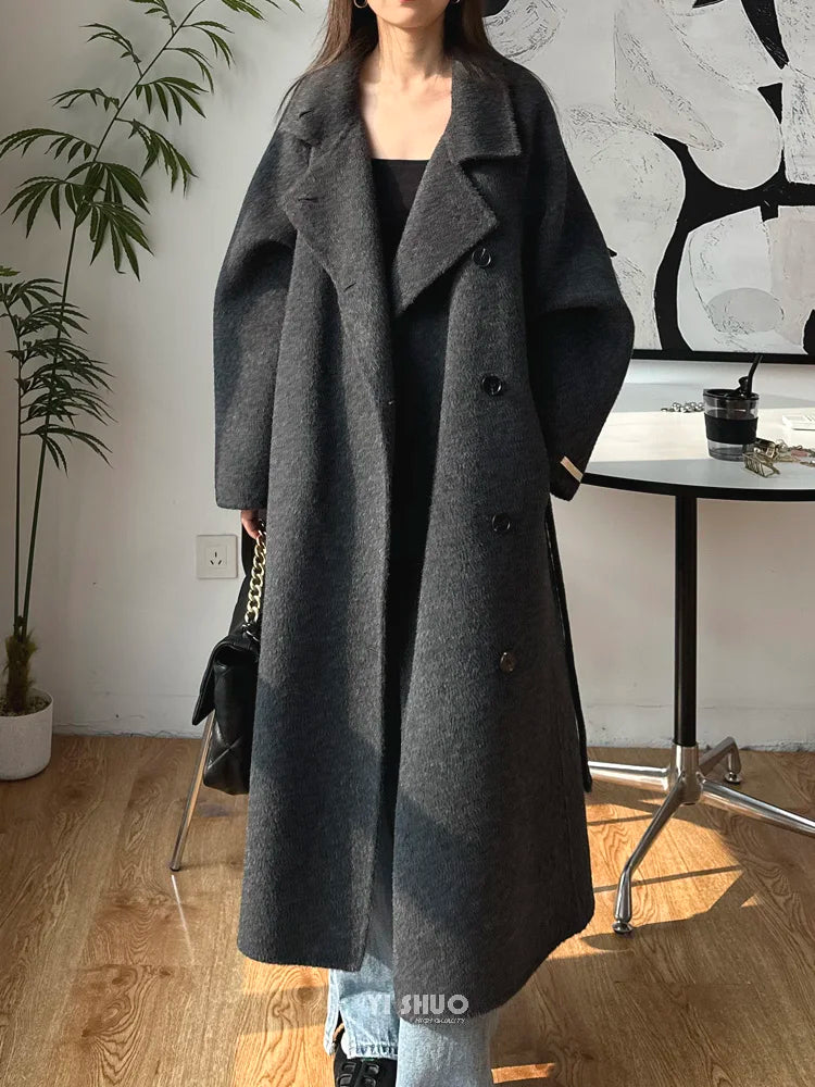 Korean Fashion Dark Gray Stand Collar 100%Wool Coat Women Long Winter Jacket